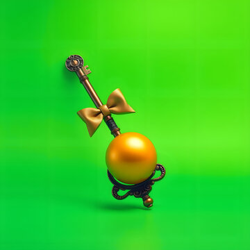 A single oversized antique key with ornate bow and a polished glowing