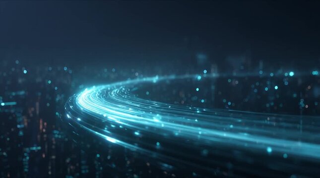 Curved blue fiber optic tracks and high-speed data flow across cyber night city skyline (AI Generated)