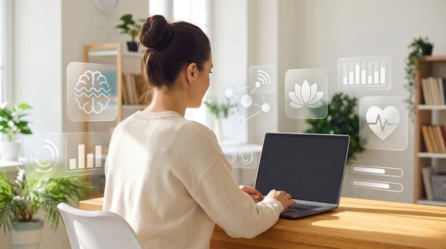 Woman working on laptop with floating wellness icons, mental health dashboard, brain waves and heart rate monitoring in bright home office, digital healthcare concept