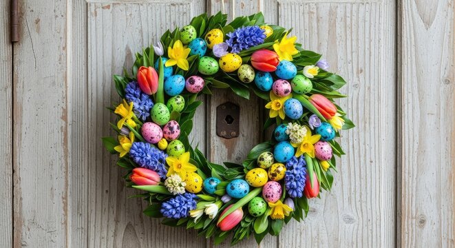 A beautiful handmade Easter wreath hangs on a rustic wooden door, featuring colorful speckled eggs, vibrant spring flowers, and green leaves, welcome, wooden, garden