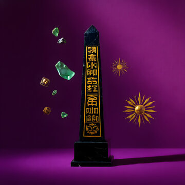 A polished obsidian obelisk with intricate golden hieroglyphic inlay