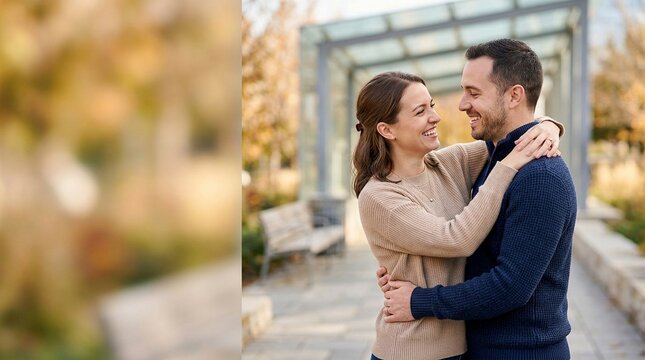 A happy couple embraces during an outdoor engagement photoshoot surrounded by autumn foliage and modern architecture