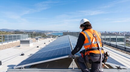 Fototapeta premium Professional technician installing photovoltaic modules on commercial building roof with safety harness, urban cityscape, sustainable energy construction and green architecture.