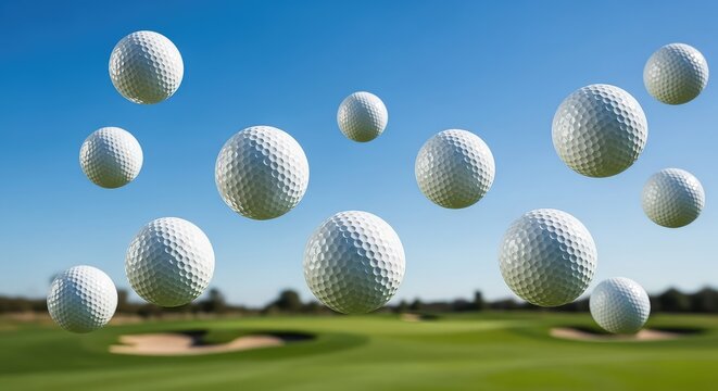 A dynamic view of several white dimpled golf balls soaring through a bright blue sky with a soft focus on the lush green course below, background, hobby, fairway