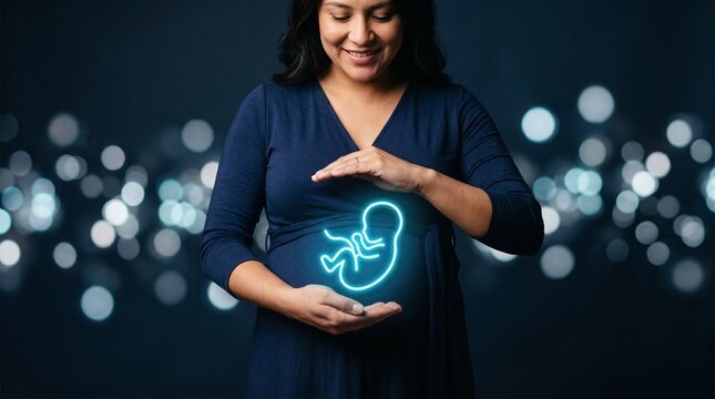 Pregnant woman with glowing neon fetus icon, futuristic maternity healthcare concept, digital prenatal care and fetal development visualization