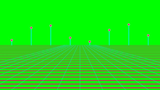 Retro digital landscape featuring vertical data points on a green grid