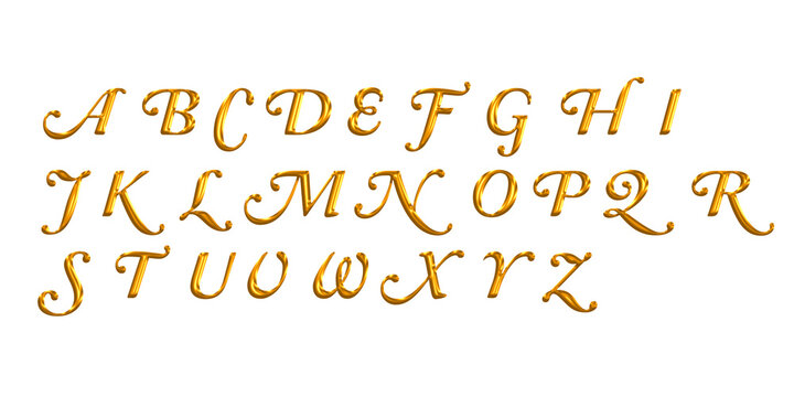 Complete alphabet set in golden metallic script font on a light yellow background surface isolated on a transparent background