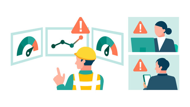 Highlighting collaborative EHS management and real-time communication, this artwork depicts operators leveraging centralized dashboard analytics and instant multi-device alerts to safeguard personnel
