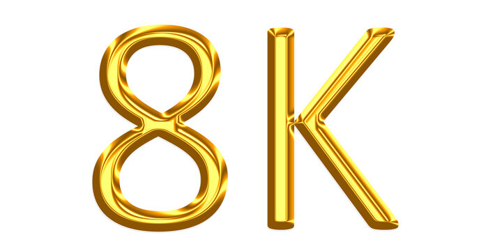 Eight k metallic gold text symbol representing ultra definition digital resolution isolated on a transparent background