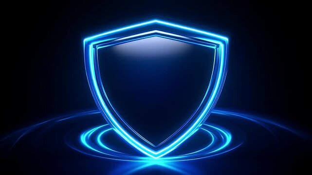 Glowing blue neon shield icon representing digital security and data protection concept.