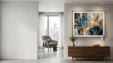 Fototapeta premium Modern living room interior with abstract art painting on wall above wooden sideboard and grey armchair near window