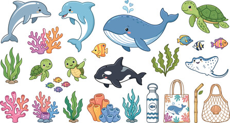 Obraz premium Cute Under the Sea Ocean Life Vector Illustration Set Featuring Whale Dolphins Turtles Orca Stingray Coral and Eco Friendly Reusable Products for Marine Conservation Designs