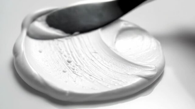 White Skincare Cosmetic Cream Texture Smudged with Spatula in Macro Closeup