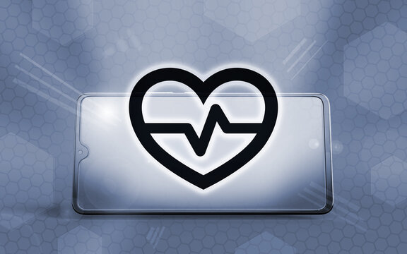 Smartphone 3D brillante con un icono de coraz&oacute;n m&eacute;dico y electrocardiograma, representando tecnolog&iacute;a sanitaria, telemedicina, salud digital, aplicaciones de bienestar y diagn&oacute;stico m&oacute;vil.
