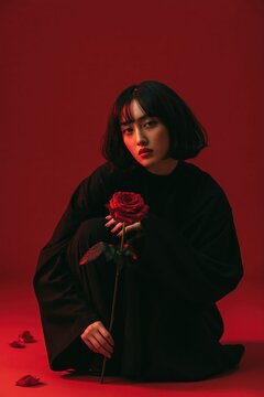 Korean woman holding a red rose creates a romantic and elegant visual perfect for Valentine&rsquo;s Day, fashion, or floral-themed.
