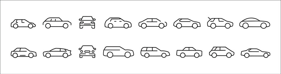 Naklejka premium Simple line car icon set, minimalist automobile symbols featuring sedan, SUV, hatchback and transport elements, clean editable stroke collection for web, mobile applications, isolated vector.