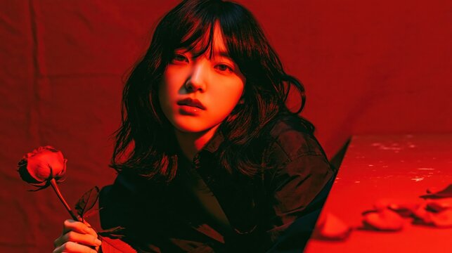 Korean woman holding a red rose creates a romantic and elegant visual perfect for Valentine&rsquo;s Day, fashion, or floral-themed.