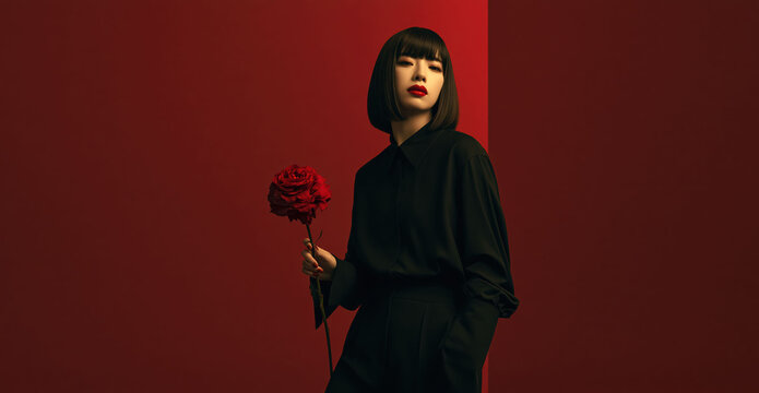 Korean woman holding a red rose creates a romantic and elegant visual perfect for Valentine&rsquo;s Day, fashion, or floral-themed.