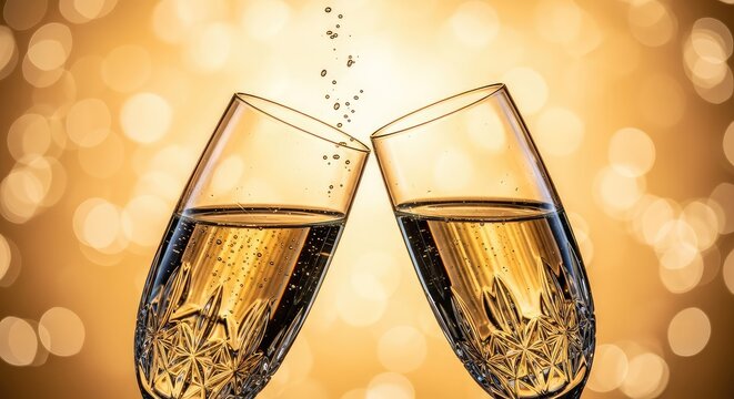 Close-up of two elegant crystal flutes filled with sparkling wine clinking together during a celebration against a golden bokeh background light, glowing, background, liquid