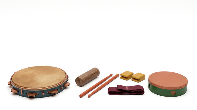 Collection of Percussion Instruments and Accessories on White Background