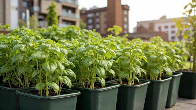 Fresh green basil plants thrive in pots, with a blurred urban backdrop.