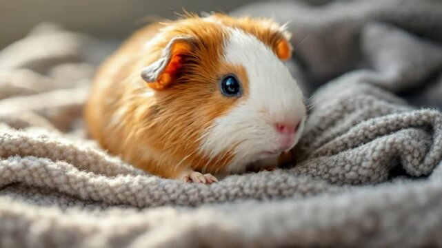 Adorable guinea pig with brown and white fur resting comfortably on a soft blanket.