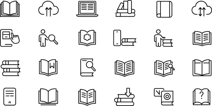 Set of line icons for digital library and online reading including books ebook reader and study resources vector illustration