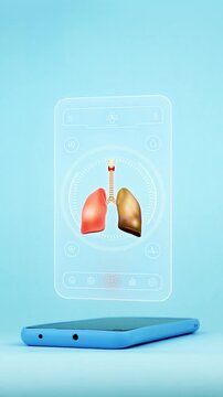 Doctor using smartphone for lung cancer diagnosis, showing anatomical lungs with tumor. Innovative medical technology for early detection of pulmonary disease. Light blue background.