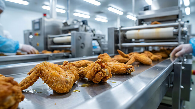 Crispy Fried Chicken on Automated Food Processing Conveyor Belt in Modern Poultry Manufacturing Factory