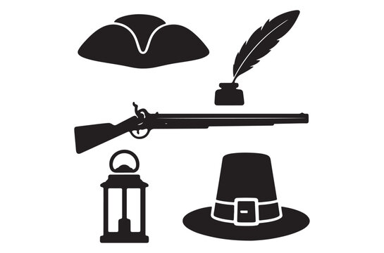 Pilgrim Objects Silhouette Hat Musket Lantern And Quill Pen