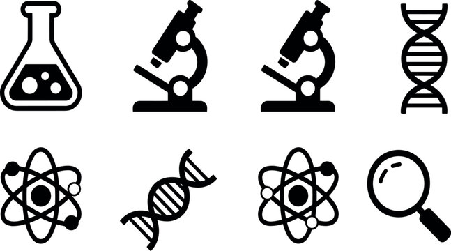 Set of black silhouette science and laboratory icons including microscope dna atom and research equipment vector illustration