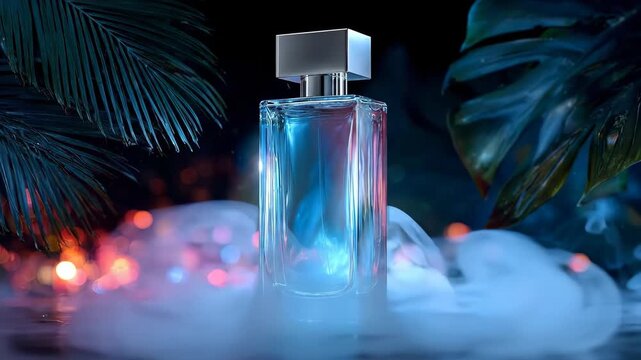 Mysterious perfume bottle glowing with vibrant light, smoke, and tropical leaves.