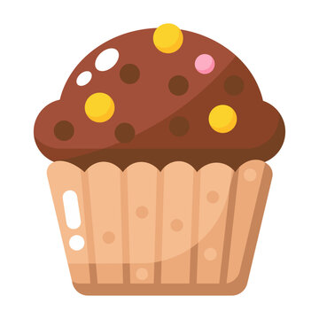 Colorful flat icon of a chocolate muffin with chocolate chips.