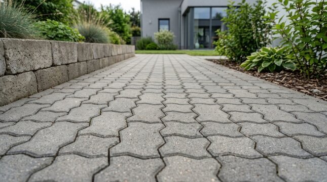 A wide-angle shot captures a paved walkway leading towards a modern house. The walkway is constructed from interlocking paving stones with a distinctive zigzag pattern.