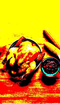 Vibrant pop art roasted Thanksgiving turkey with corn and cranberry sauce on wooden table, yellow background, festive holiday dinner illustration