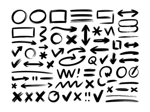 Arrow hand drawn line set. Hand drawn arrow line mark underline check brush doodle sketch highlight. Chalk marker scribble circle curve tick sign grunge blackboard background. Vector illustration
