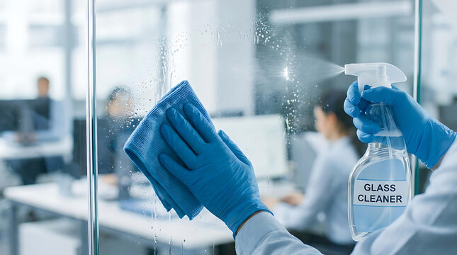 Professional Cleaner Spraying Glass Cleaner and Wiping Office Window for Hygiene and Workplace Cleaning Service