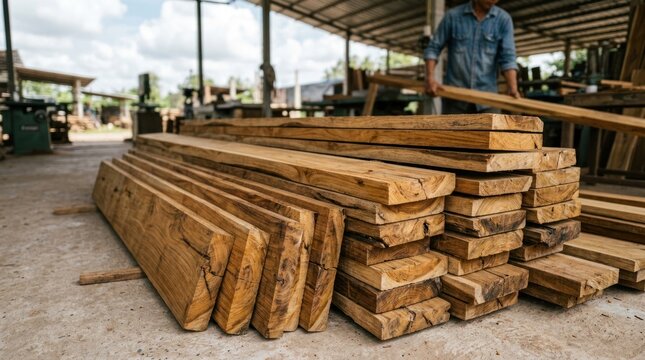 A man stands near a large stack of wooden planks in an outdoor workshop. The planks are stacked in neat piles, showcasing their natural wood grain and texture.