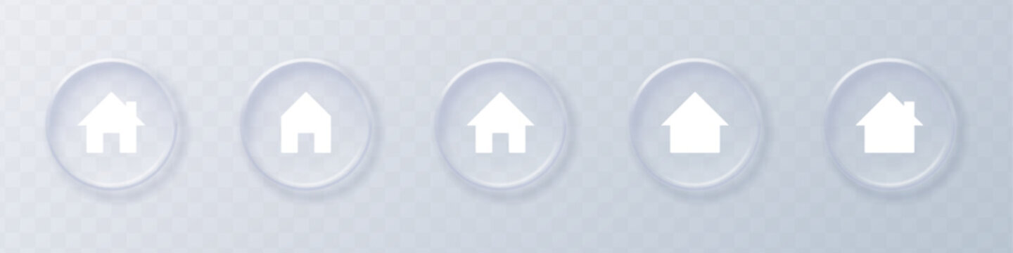 Realistic liquid glass morphism web home button set for website and mobile apps. Modern glassmorphism house symbols. User interface icon. Main page. Vector illustration
