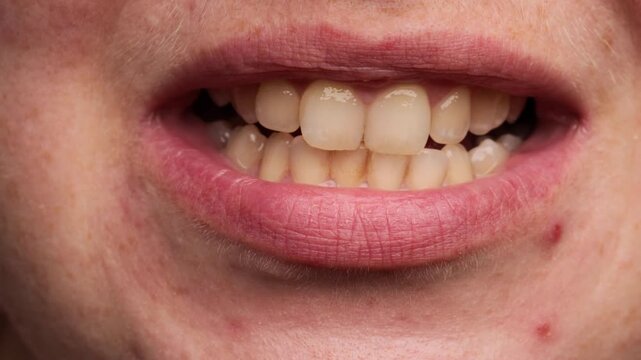 close up of person chattering teeth, macro shot of mouth with clenched jaw showing natural enamel and lips, sign of cold fear or bruxism, concept of dental clinic, orthodontics, medical health