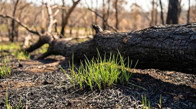 Fresh Green Grass Growing Through Burned Forest After Wildfire Showing Nature Recovery and Ecosystem Regeneration