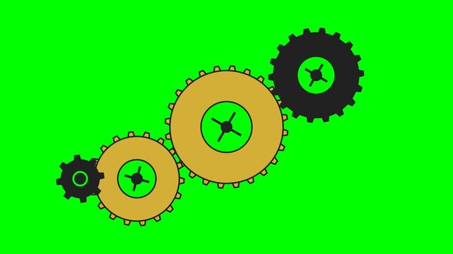 A sequence of four interlocking gears set against a vibrant green background
