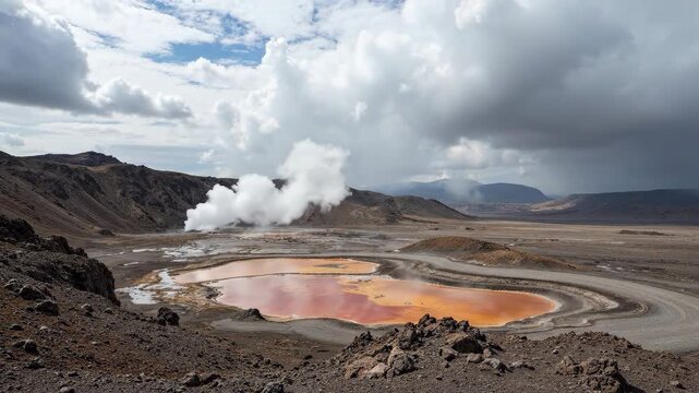 Dramatic geothermal landscape with vibrant hot springs and steaming vents under cloudy skies.