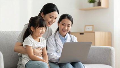 Fototapeta premium Mother and Young Daughter during Virtual Pediatric Consultation on Laptop