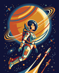 Fototapeta premium Cosmic Voyager: A female astronaut gracefully floats through the vast expanse of space, her suit illuminated by the glow of a distant, ringed planet and the trails of soaring rockets.