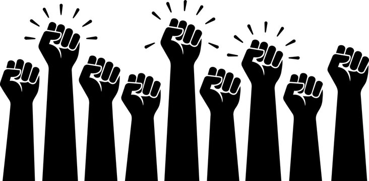 Group of black silhouette clenched fists raised in the air with radiating light lines, symbolizing unity, strength, and empowerment. Vector illustration ideal for social campaigns, activism, and motiv