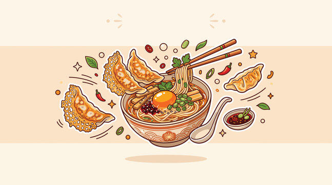 Japanese Cuisine Delight: A vibrant illustration showcasing a steaming bowl of ramen, garnished with a golden egg yolk and fresh herbs, accompanied by crispy gyoza, chili peppers, and chopsticks.