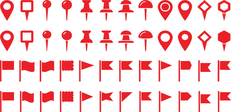 Collection of red map marker icons including location pins, push pins, and flag markers in various styles. Ideal for maps, navigation apps, travel websites, and GPS-related design projects.