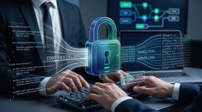 Cybersecurity with digital padlock protecting confidential data, encryption status verified, server logs security, business professional typing code for network protection