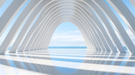 Fototapeta premium Modern architectural archway tunnel. Abstract white structure with sea view background.